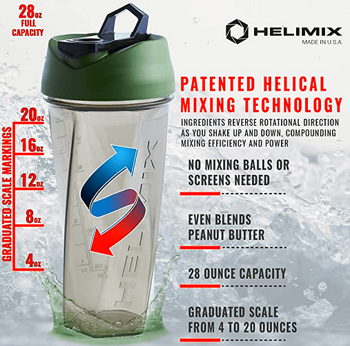 Helimix Vortex Blender Shaker Bottle with list of advantages