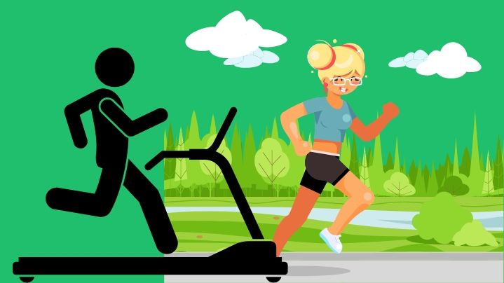 Woman running outdoors and silhouette of man running on a treadmill